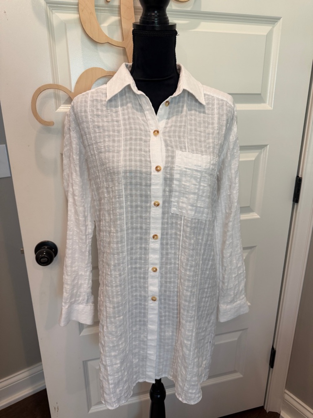 Anthropologie White Textured Button-Front Tunic